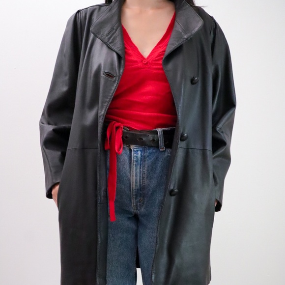 80s y2k Vintage Sheepskin winter black leather jacket coat / size M - Picture 3 of 9